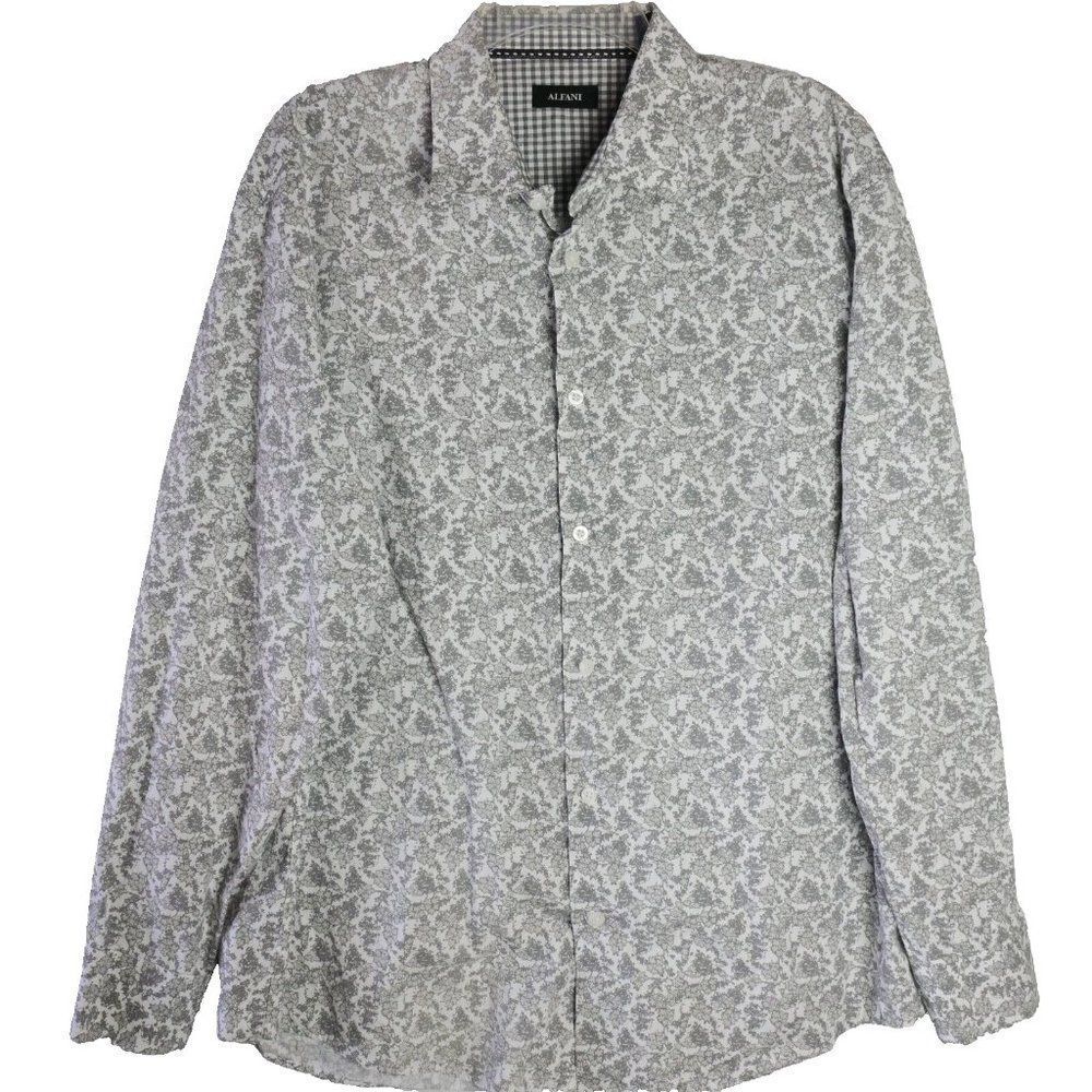 Alfani Mens Size XL Shirt Gray Leaves Pattern Long Sleeve Casual Button